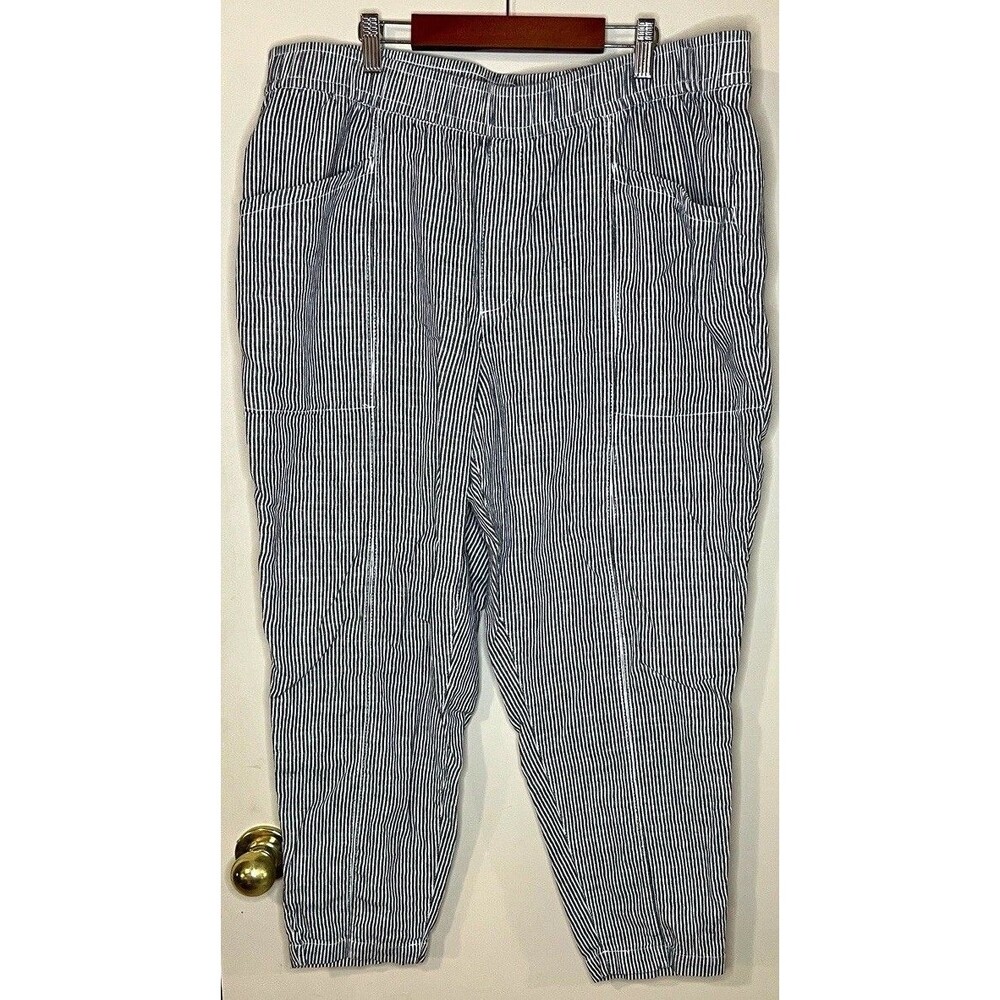 Old Navy Womens Blue White Striped Linen Cotton Taper Pants XL pockets